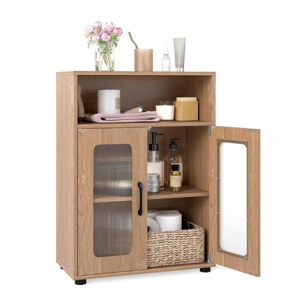 Costway Bathroom Cabinet Cupboard 2 Door Storage Organizer Sideboard Adjustable Shelf Kitchen Living Room Natural