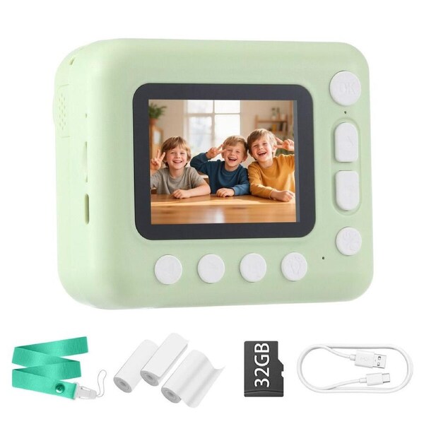 Kids Digital Camera Instant Portable Childrens Toys 1080P HD Video Selfie Photo Print 10X Zoom 32G SD Card Outdoor Play Travel Christmas Birthday Gift
