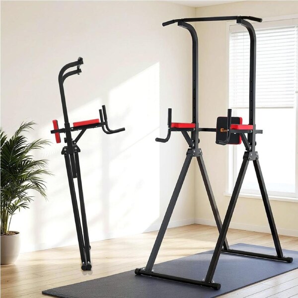 Everfit Chin Up Tower Pull Up Station Adjustable Dip Station Folding Home Gym Black