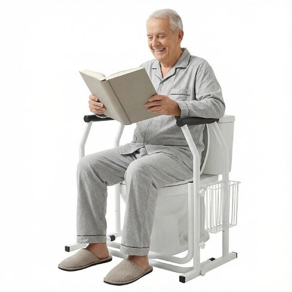 Advwin Toilet Safety Rails Frame, Toilet Seat Riser with Storage Basket, 330lbs, Anti Slip Armrests, Non-Slip Feet