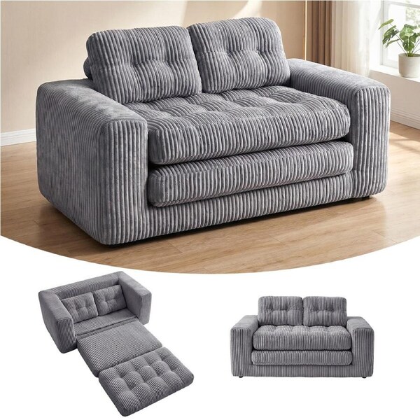 Advwin 2 in 1 Folding Sofa Bed Convertible Floor Loveseat Sofa Fold Out Corduroy Sleeper Couch w/ 2 Pillows Grey