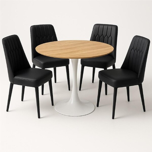 FORET 5PCS Dining Table Set Round Table Wh With 4 Black Pu Leather Chairs