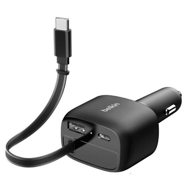 Belkin BoostCharge 75W 2-Port Car Charger-with Retractable USB-C Cable - Black