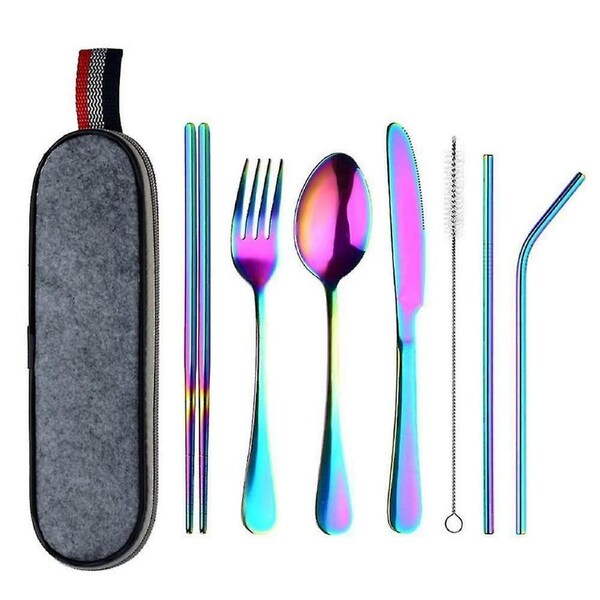 Portable Stainless Steel Tableware Dinnerware Travel Camping Cutlery - 8pcs Rainbow