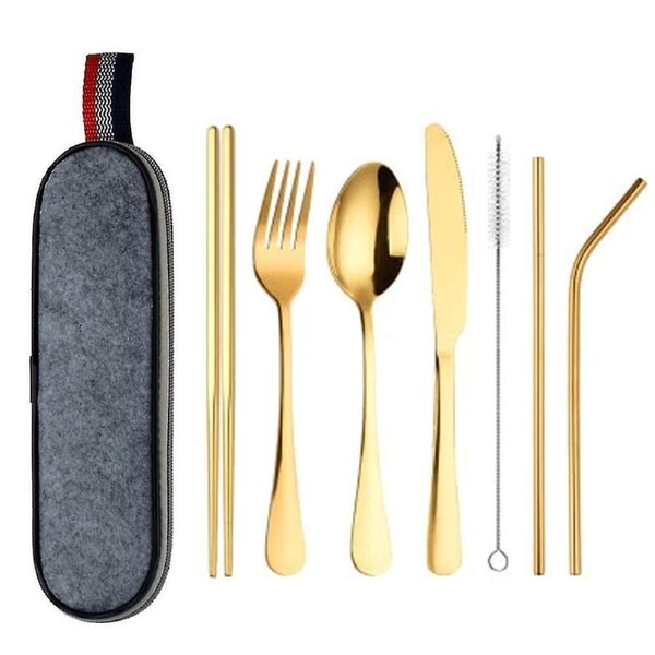 Portable Stainless Steel Tableware Dinnerware Travel Camping Cutlery - 8pcs Gold