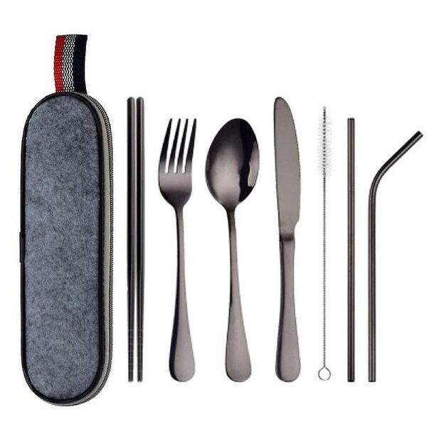 Portable Stainless Steel Tableware Dinnerware Travel Camping Cutlery - 8pcs Black