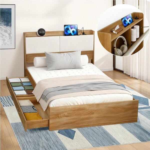 2 Bedhead Cabinet Bed Frame Double Size with Charging USB/Type-C Ports and 2 Drawers