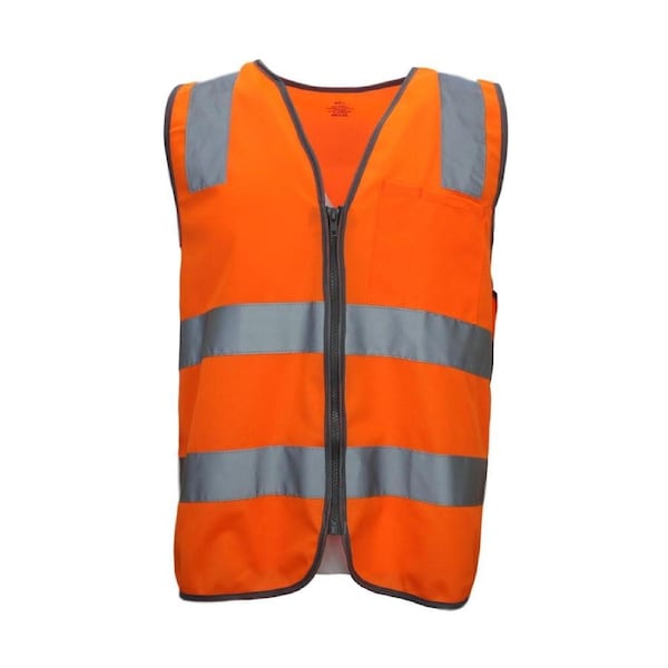 Hi Vis Safety Vest Reflective Tape Zip Up Workwear Pocket Night High Visibility - Orange 2XL