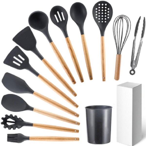 Silicone Utensils Wooden Handle Cooking Kitchen Baking Cookware - 12pcs Black