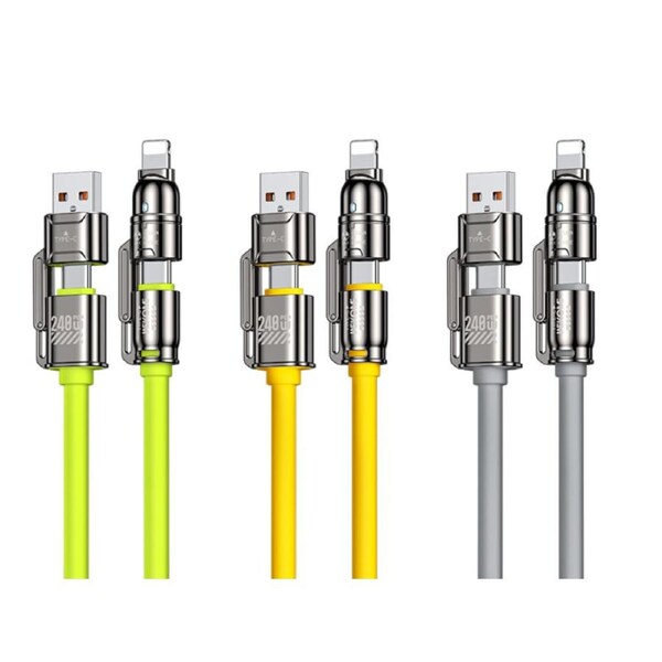 WEKOME Yellow WDC-51 240W 4-in-1 Fast Charging Cable, 1.2M Liquid Silicone Bend-Resistant, Type-C/USB Multi-Device Compatible, 480Mbps Transfer