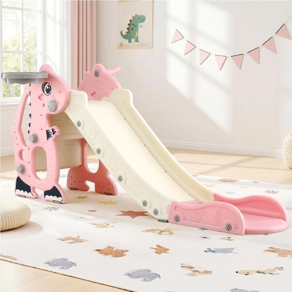 Keezi Kids Slide Set Basketball Hoop Outdoor Playground Toy Dragon 125cm Pink