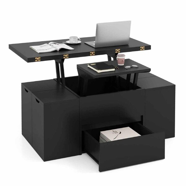 Costway Lift Top Coffee Table w/4 Storage Stool 3 in 1 Expandable Center Table Cocktail Table Dining Table Black