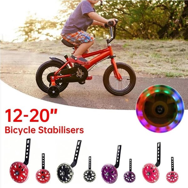 12-20 Inch Kids Bike Training Wheels - Silent Flashing PVC Stabilizer Auxiliary - Black