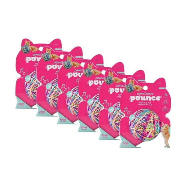 6PK Paws and Claws Pounce Cat Wool Ball with Rattle 9cm Safe for Cats