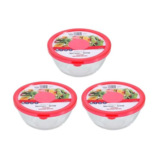 3PK Lemon and Lime Yorkshire Glass Mixing Bowl Lidded 2.75L 23x23x11cm Food Safe