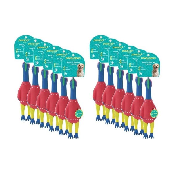 12PK Paws and Claws Vinyl Neon Squeaky Chicken 25x7x4cm Tough Rubber Assorted