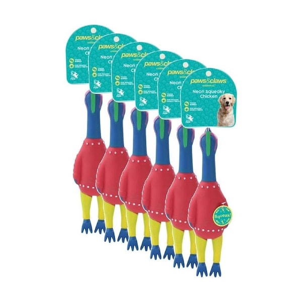 6PK Paws and Claws Vinyl Neon Squeaky Chicken 25x7x4cm Tough Rubber Assorted