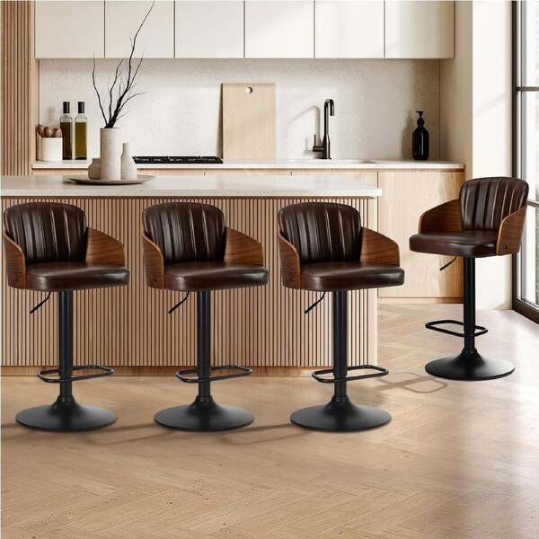 Oikiture 4x Bar Stools Adjustable Counter Height Stool Swivel Leather Brown
