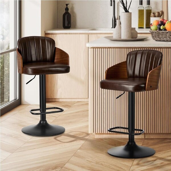 Oikiture 2x Bar Stools Adjustable Counter Height Stool Swivel Leather Brown