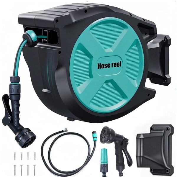 Advwin Retractable Hose Reel, 20M Garden Hose Reel Wall Mounted, Self-Locking System, Auto Rewind, 180 Degrees Swivel Bracket, Any Length Lock