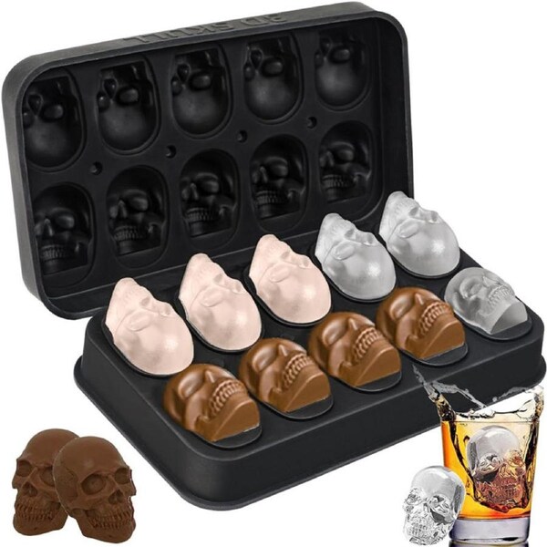 Catzon Skull Ice Cube Mold 3D 10-Cavity with Lid Reusable for Whiskey Cocktail