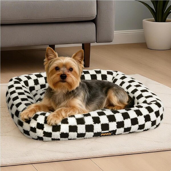 Pawz Dog Bed Calming Pet Checkered Plush Bed Soft Washable Bed Non-Slip S Size