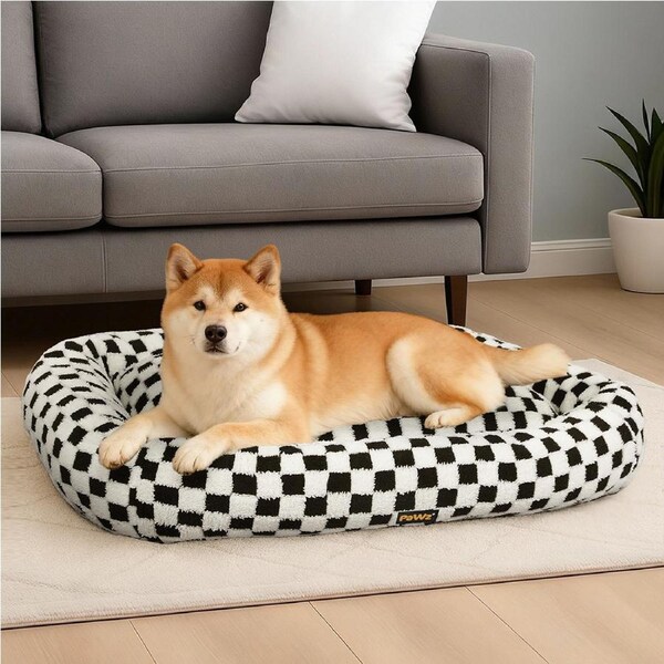Pawz Dog Bed Calming Pet Checkered Plush Bed Soft Washable Bed Non-Slip L Size
