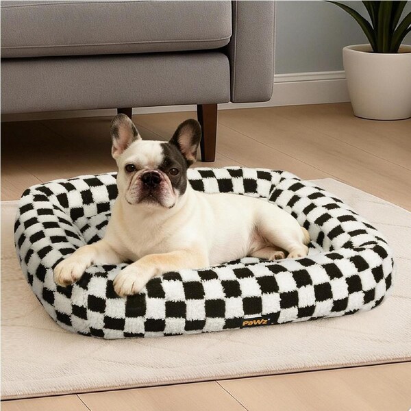 Pawz Dog Bed Calming Pet Checkered Plush Bed Soft Washable Bed Non-Slip M Size