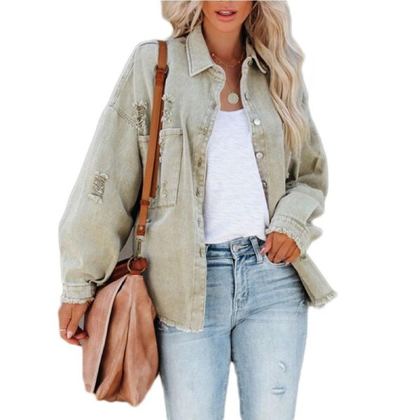 Nevenka Ripped Fringe Denim Jacket for Women with Pockets Oversized Coat-Light Green XL