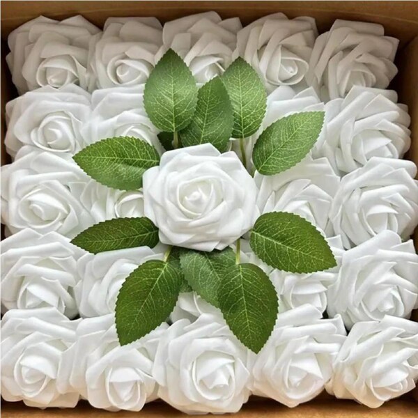 50-Piece Silk Black Roses Combo Box Set - Artificial Flowers(White)