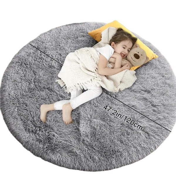 Cozy Gray Fluffy Round Rug - 120x120cm - Ultra Soft Shaggy Area Rug