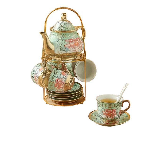 Green Elegance in Bloom: 20-Piece Ceramic Tea and Coffee Set with Iron Rack