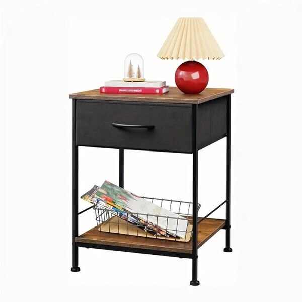 Rustic Black Metal Nightstand with Fabric Drawer