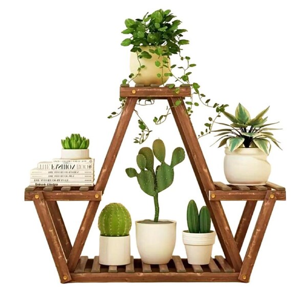 Wooden Triangular Plant Stand - Multi-Tier Flower Display Holder