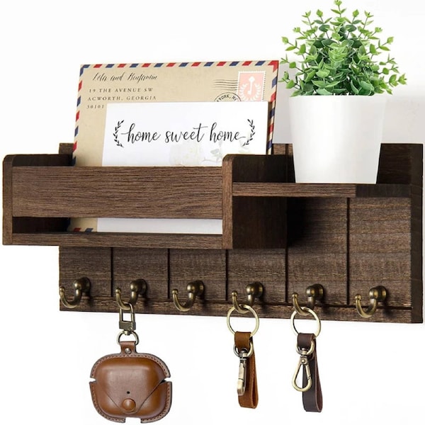 Traditional Wooden Wall-Mounted Storage Shelf with Hooks