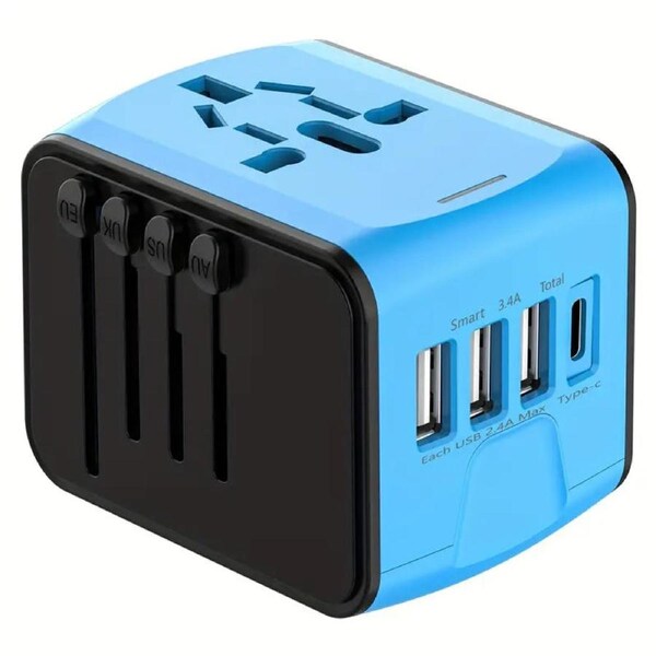 Universal Travel Adapter with 4 USB Ports and Type-C Port - Blue