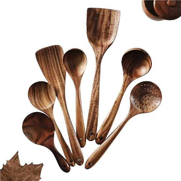 7-Piece Natural Teak Wooden Spoons for Cooking Set