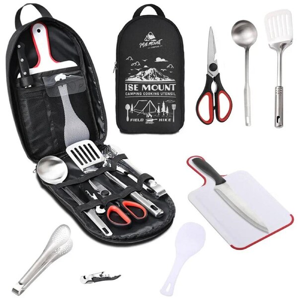 Portable Stainless Steel Camping Utensils Set - 9 Piece Cookware Kit in Black