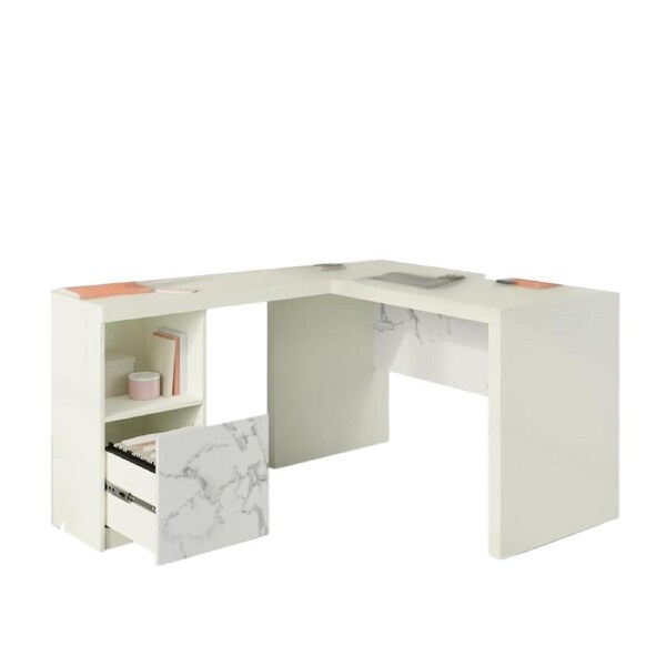 Design Square Rosa Modern Corner L-Shaped Home Office Desk Table Marble Finish White
