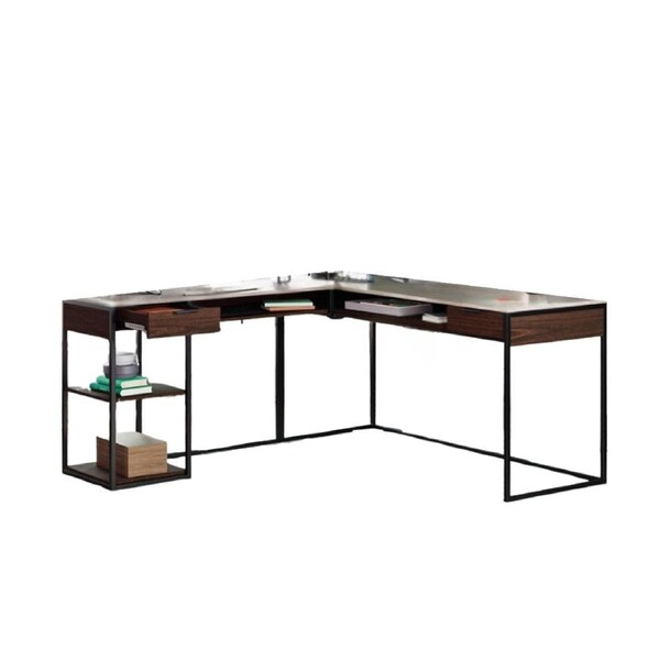 Design Square Argo Industrial Corner L-Shaped Home Office Desk Table 2-Drawers Woodgrain/Black