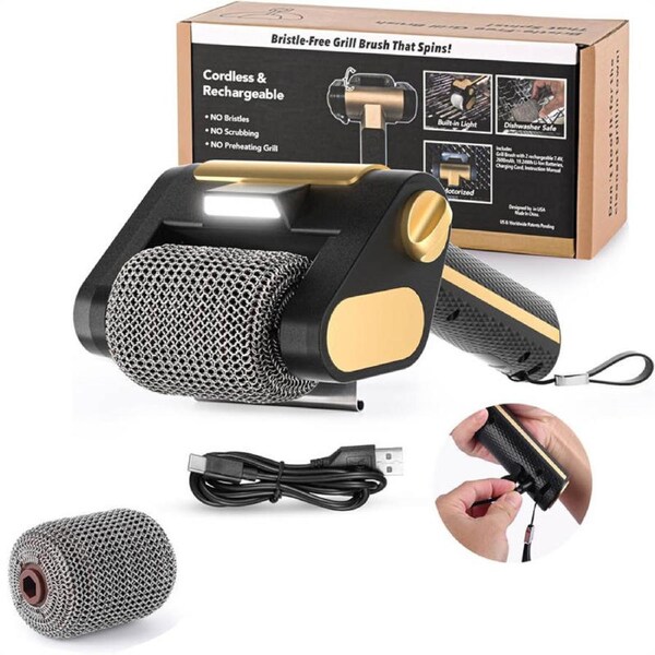 Nevenka Electric Grill Cleaner Bristle Free Rechargeable with LED Light Dishwasher-Safe-Gold