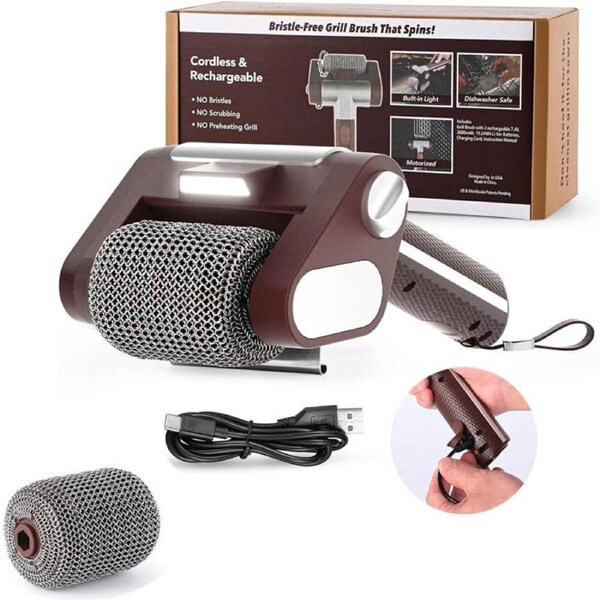 Nevenka Electric Grill Cleaner Bristle Free Rechargeable with LED Light Dishwasher-Safe-Brown
