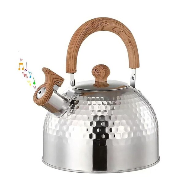 Nevenka Whistling Tea Kettle 2L with Wood Pattern Cool Grip for Boiling Water Coffee-Silver