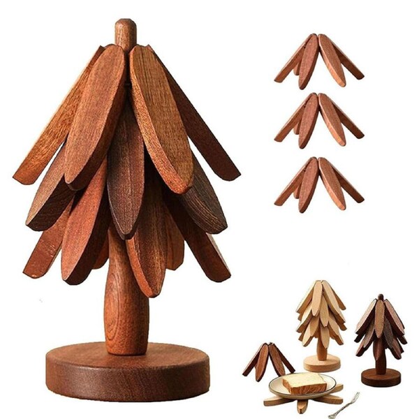 Catzon Wooden Tree Trivet Set Stackable Hot Pot Coasters-NutBrown3