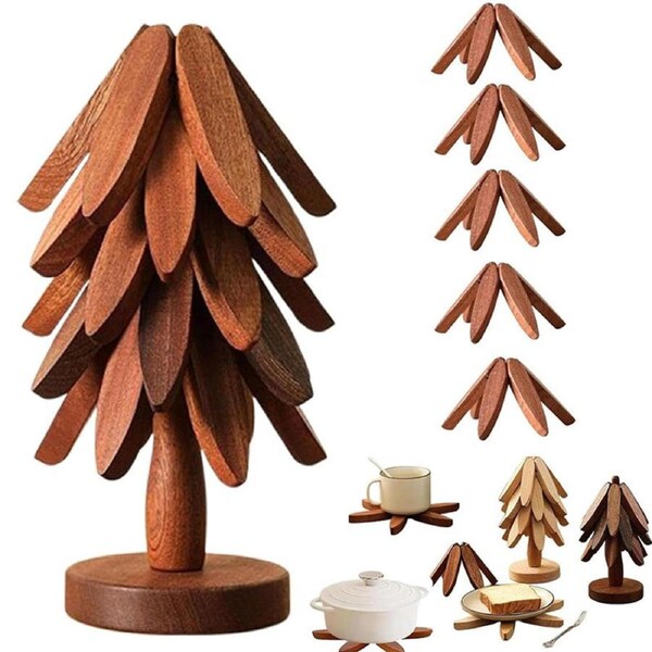Catzon Wooden Tree Trivet Set Stackable Hot Pot Coasters-NutBrown5