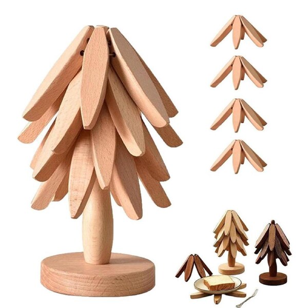 Catzon Wooden Tree Trivet Set Stackable Hot Pot Coasters-Burlywood4