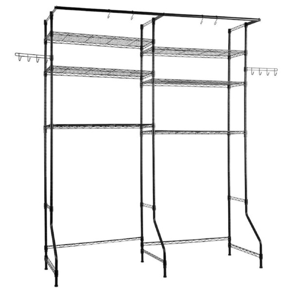 Over Washer and Dryer Storage Shelves, 6 Tiers Laundry Room Drying Rack with Hanger Rod and Hooks, Two Rows Adjustable Washer Shelves Space Saver, for Laundry Room Storage & Organization, Black