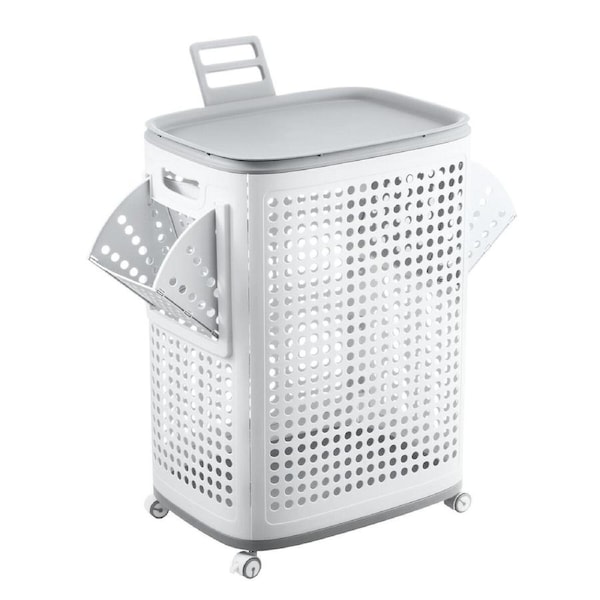 Laundry Basket Hamper Washing Dirty Towel Clothes Storage Organiser Bin 2 Removable Side Section Sorter Lid Wheels Rolling 80L Plastic Holder Bathroom