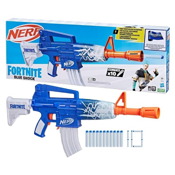 Nerf Fortnite Blue Shock Blaster Motorized Dart Shooter Auto 10 Dart Rapid Fire