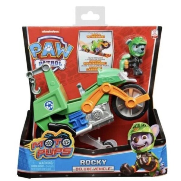 Paw Patrol Rocky Moto Pups Deluxe Motorcycle Vehicle Pull Back Wheelie Figure 3+